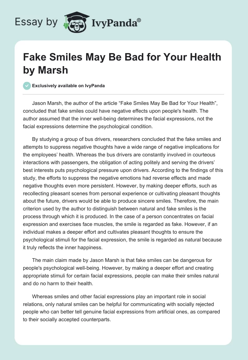 "Fake Smiles May Be Bad for Your Health" by Marsh. Page 1