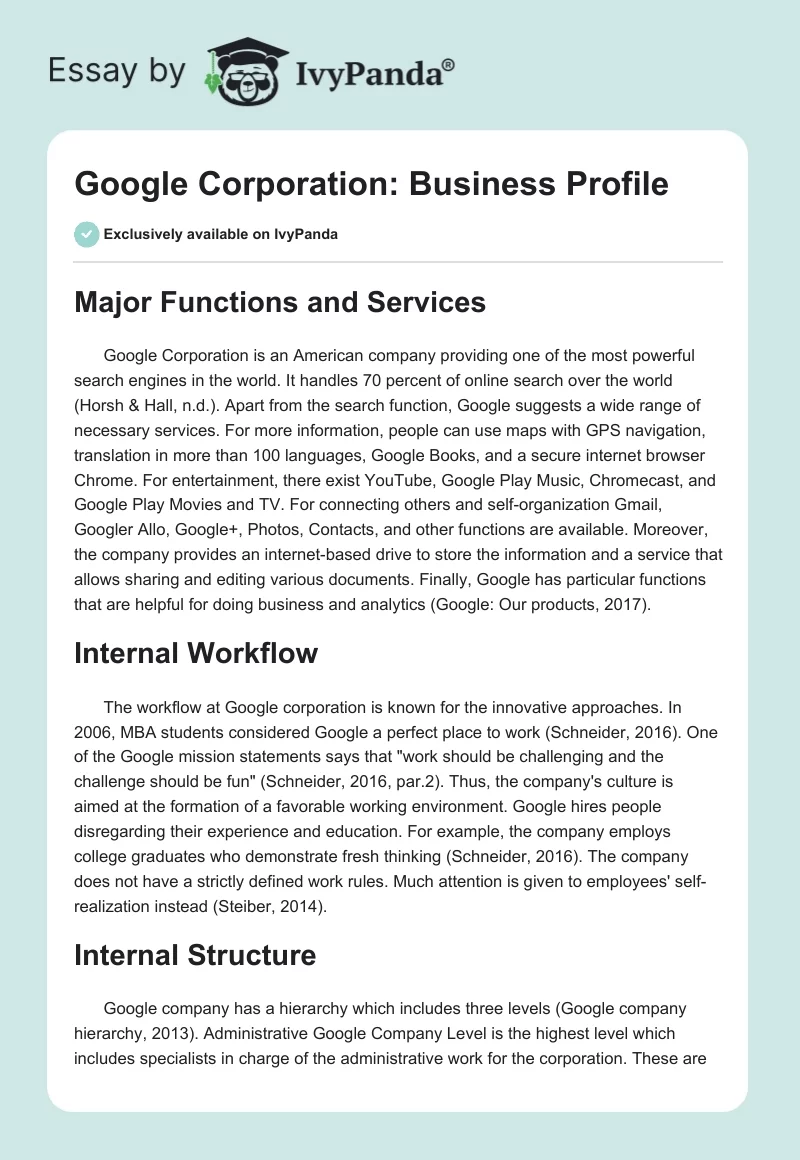 Google Corporation: Business Profile. Page 1