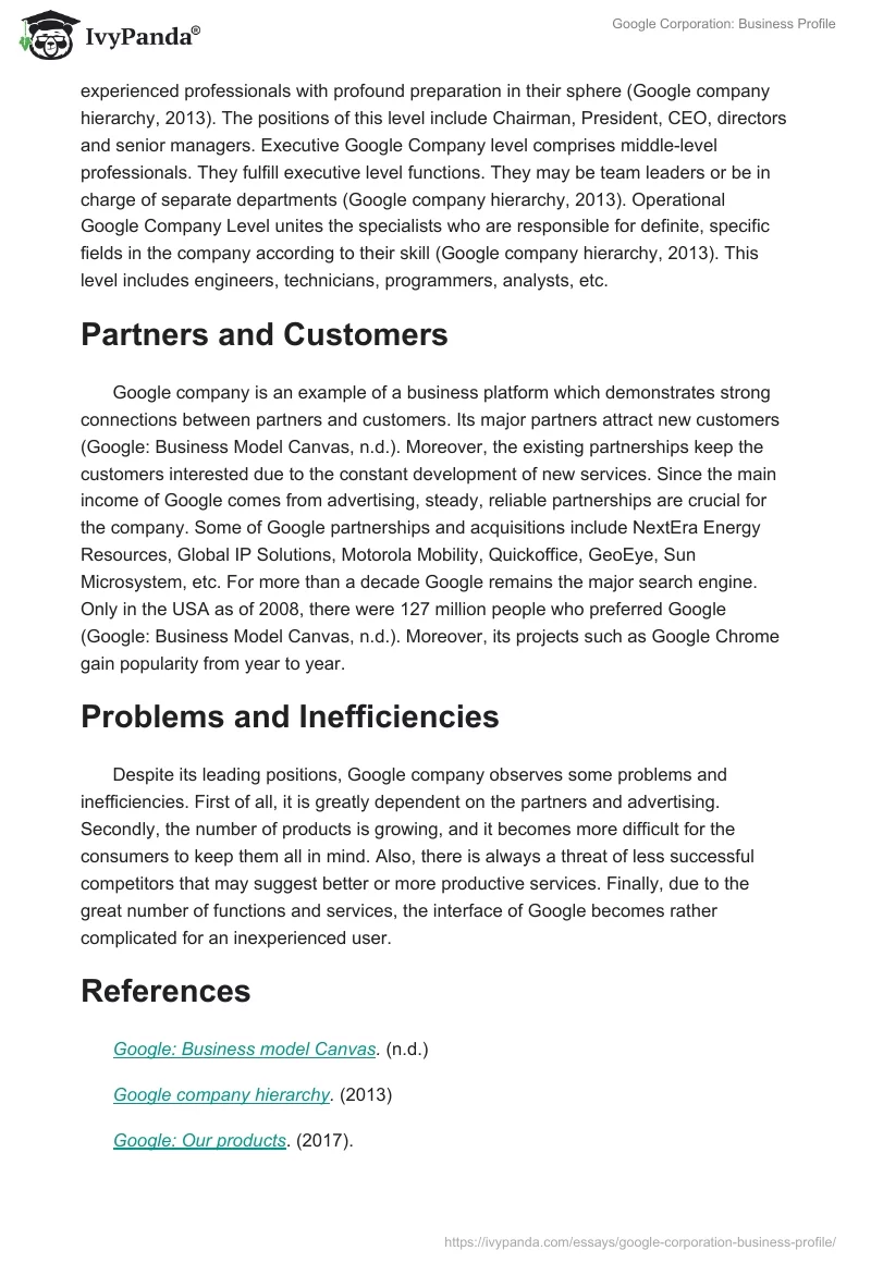 Google Corporation: Business Profile. Page 2