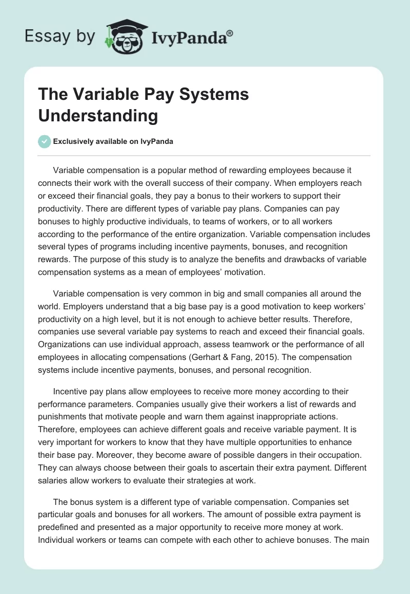 The Variable Pay Systems Understanding. Page 1