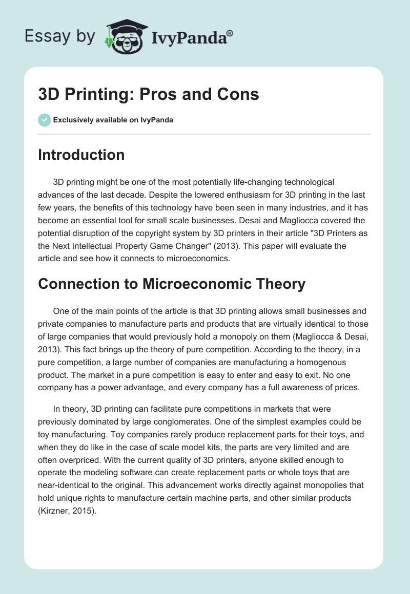 3D Printing: Pros and Cons. Page 1