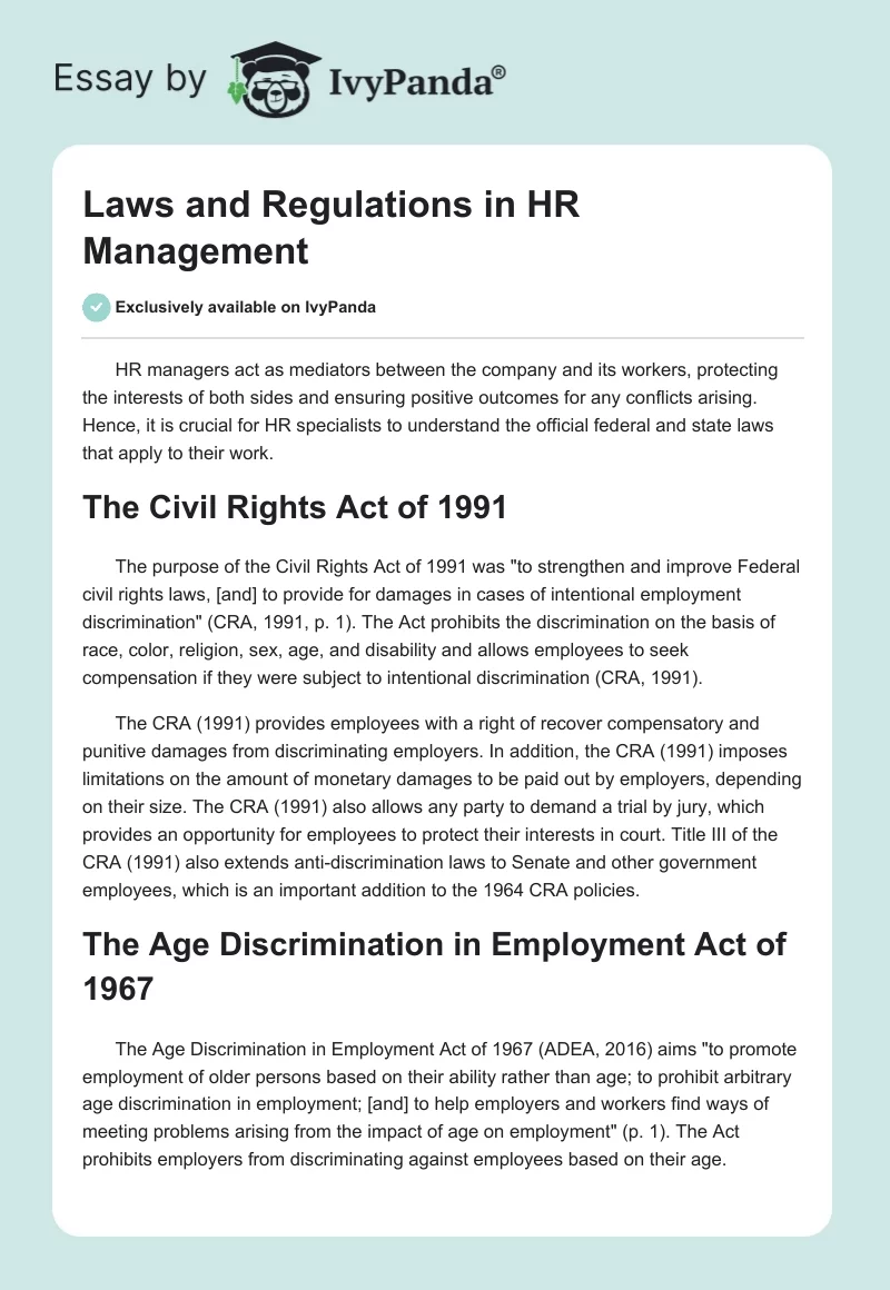 Laws and Regulations in HR Management. Page 1