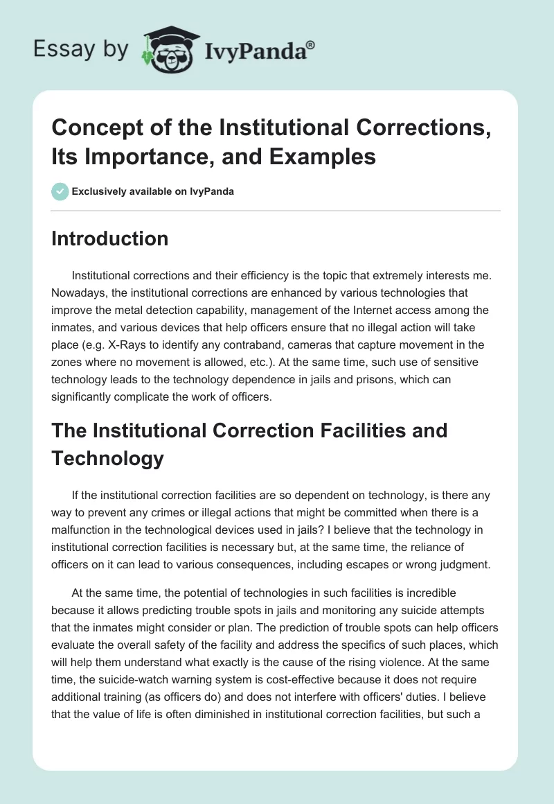 Concept of the Institutional Corrections, Its Importance, and Examples. Page 1