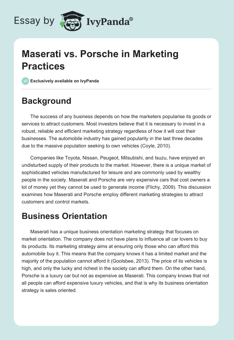 Maserati vs. Porsche in Marketing Practices. Page 1