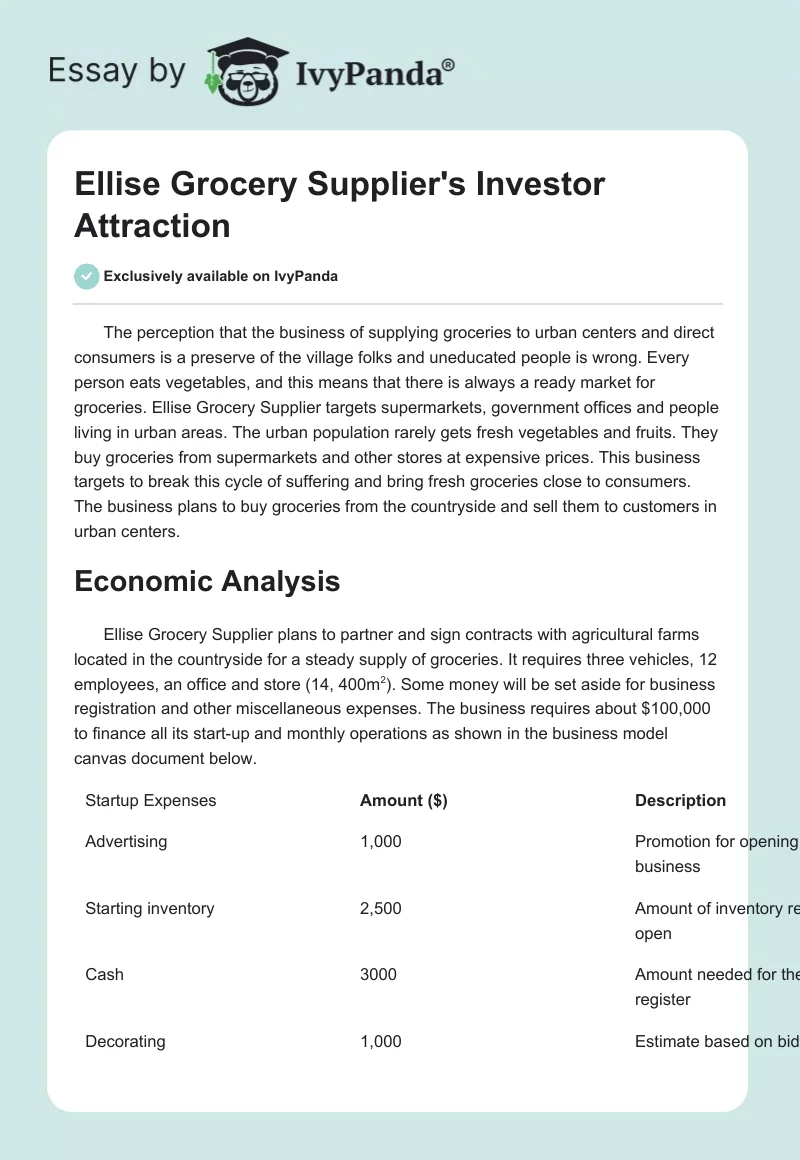 Ellise Grocery Supplier's Investor Attraction. Page 1