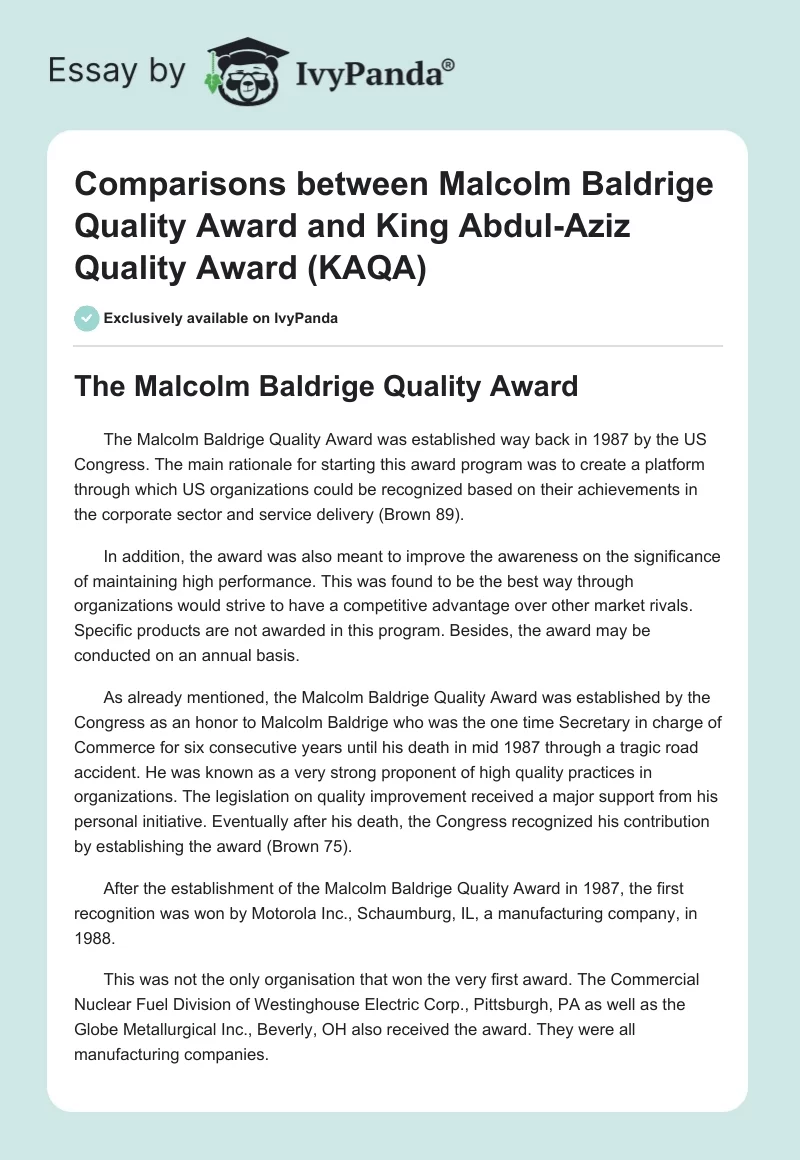 Comparisons Between "Malcolm Baldrige Quality Award" and "King Abdul-Aziz Quality Award (KAQA). Page 1