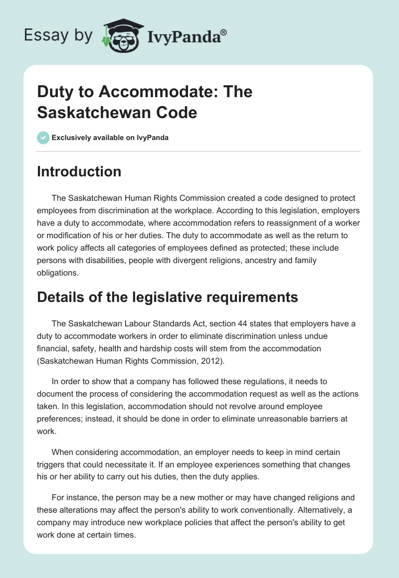 Duty to Accommodate: The Saskatchewan Code. Page 1