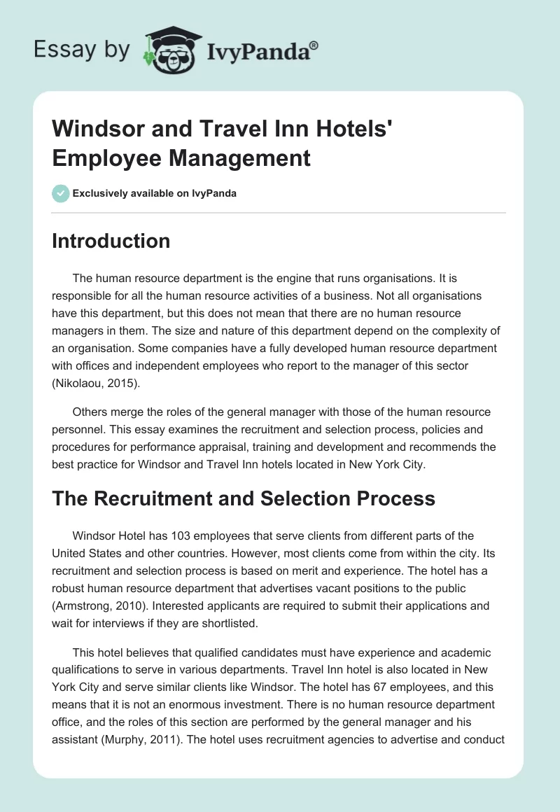 Windsor and Travel Inn Hotels' Employee Management. Page 1