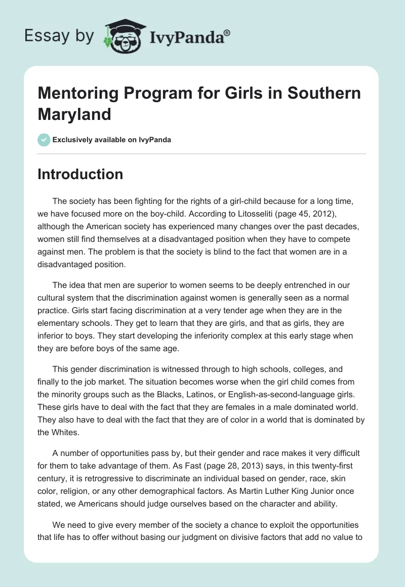 Mentoring Program for Girls in Southern Maryland. Page 1
