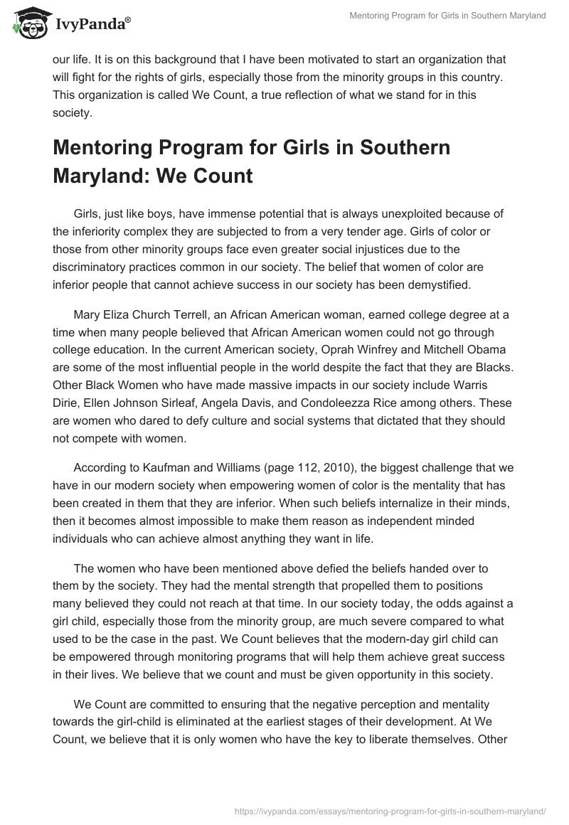 Mentoring Program for Girls in Southern Maryland. Page 2