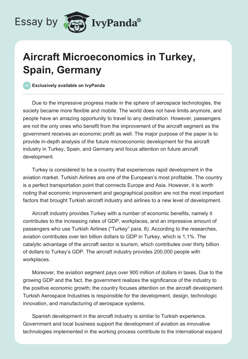 Aircraft Microeconomics in Turkey, Spain, Germany. Page 1