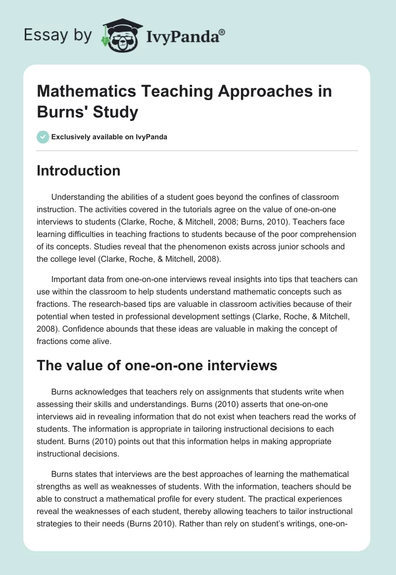 Mathematics Teaching Approaches in Burns' Study. Page 1