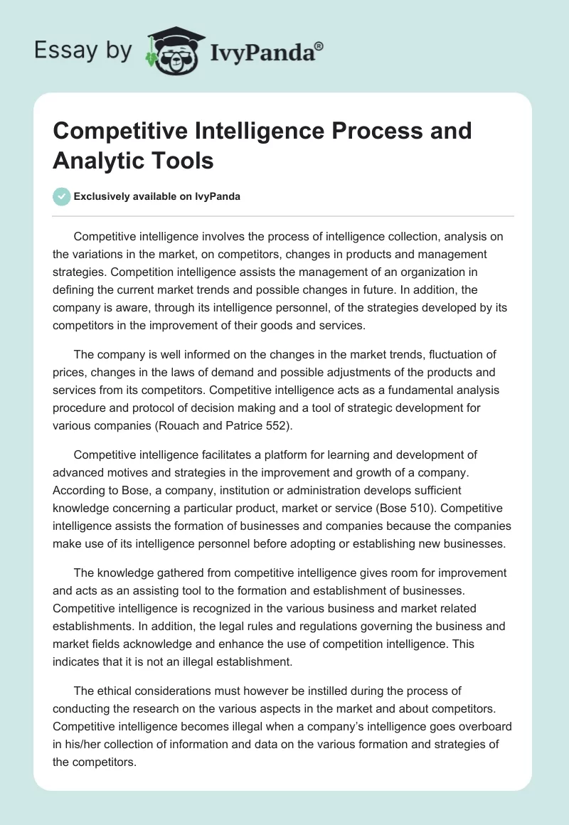 Competitive Intelligence Process and Analytic Tools. Page 1
