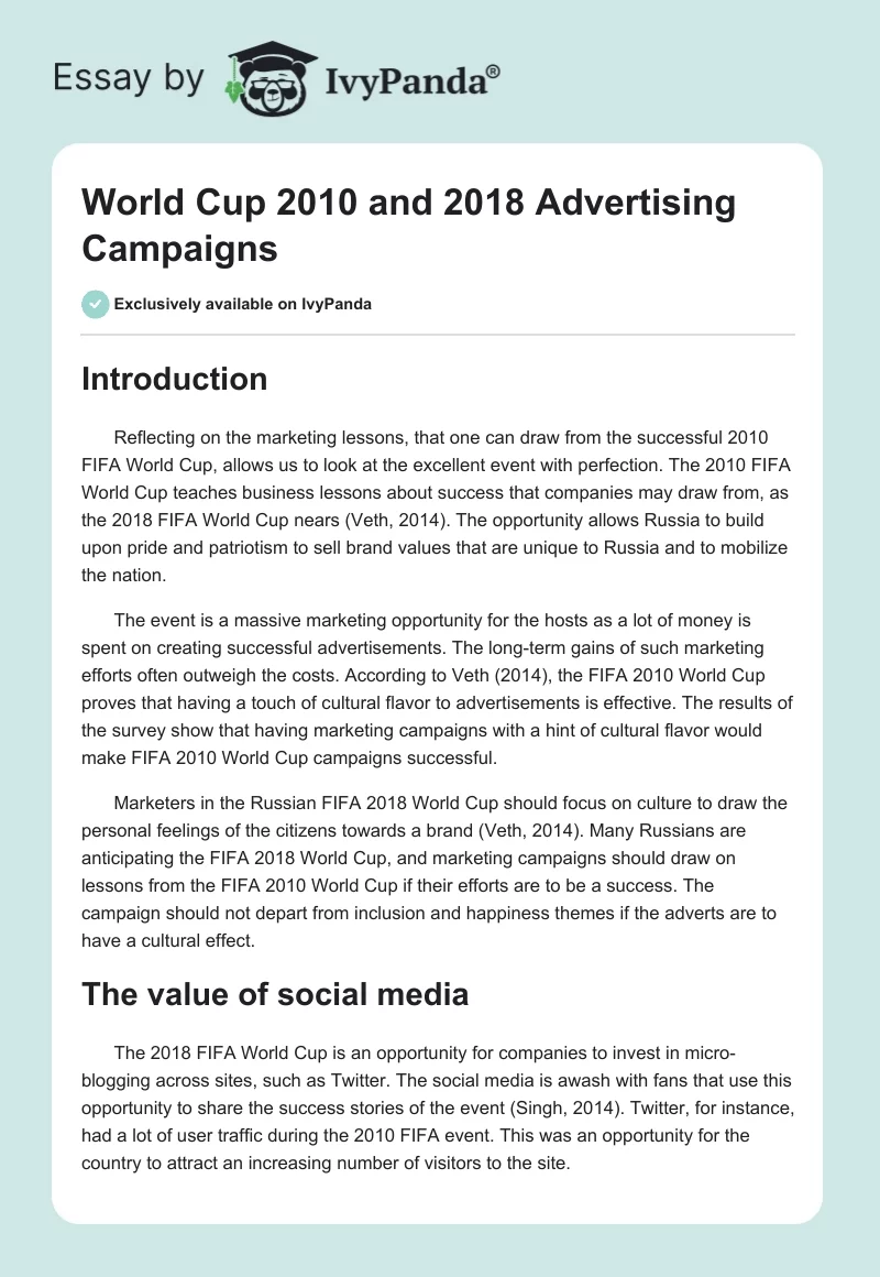 World Cup 2010 and 2018 Advertising Campaigns. Page 1