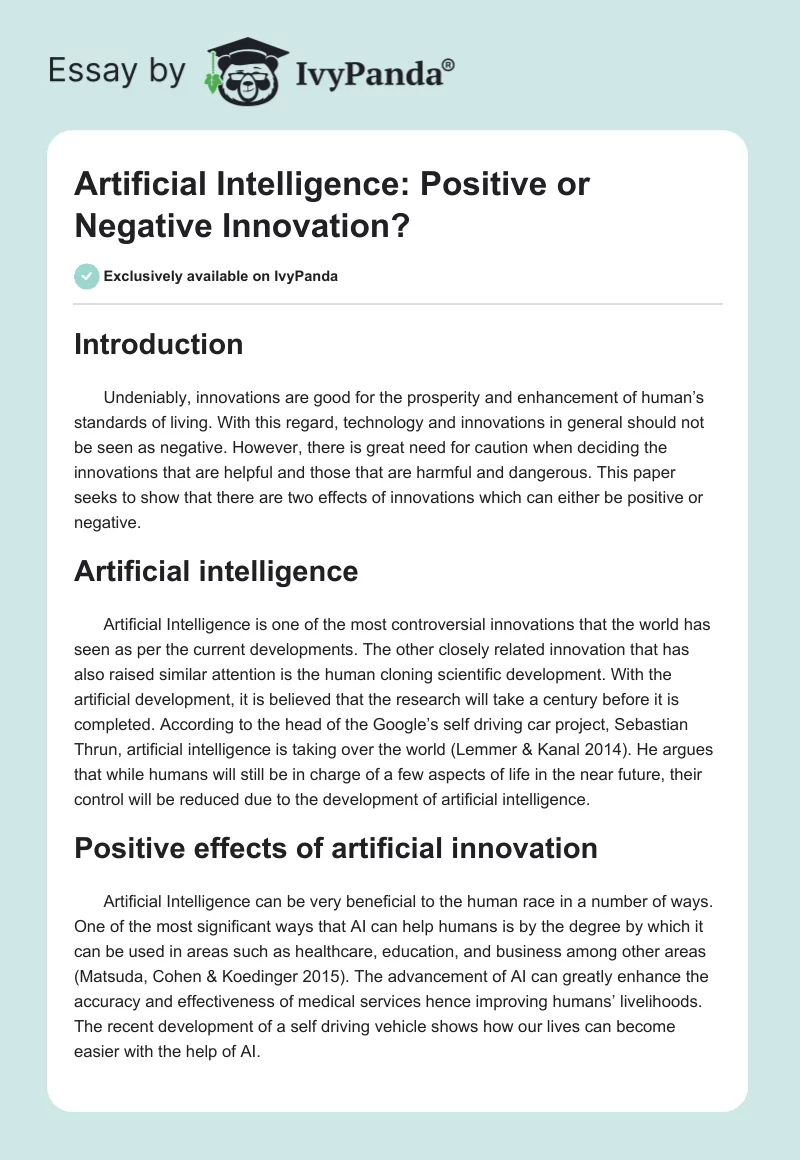 Artificial Intelligence: Positive or Negative Innovation?. Page 1