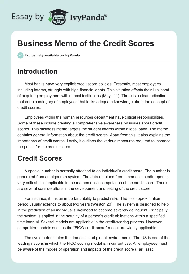 Business Memo of the Credit Scores. Page 1