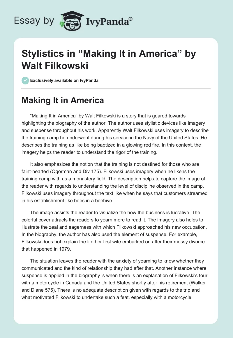 Stylistics in “Making It in America” by Walt Filkowski. Page 1
