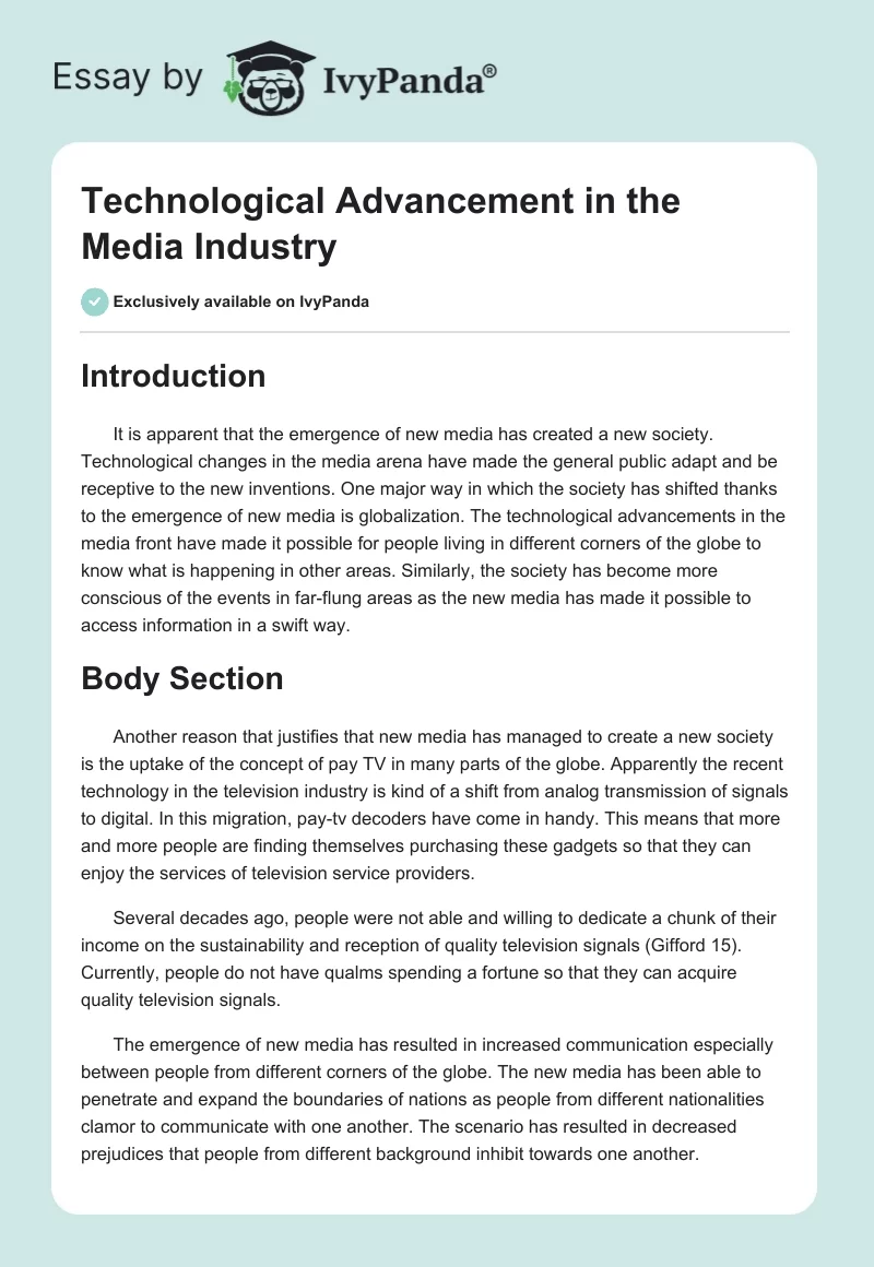 Technological Advancement in the Media Industry. Page 1