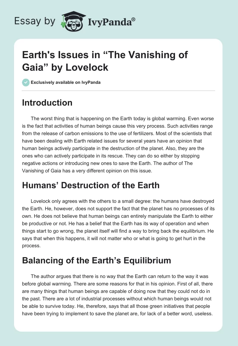 Earth's Issues in “The Vanishing of Gaia” by Lovelock. Page 1