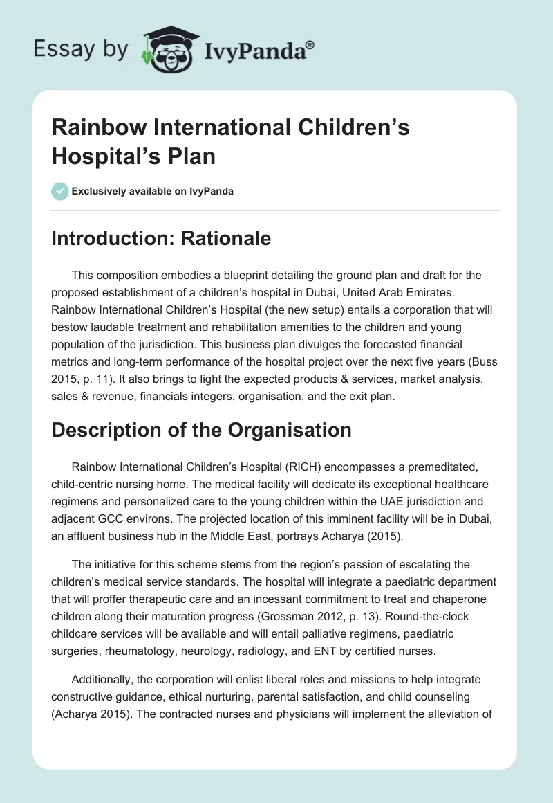 Rainbow International Children’s Hospital’s Plan. Page 1