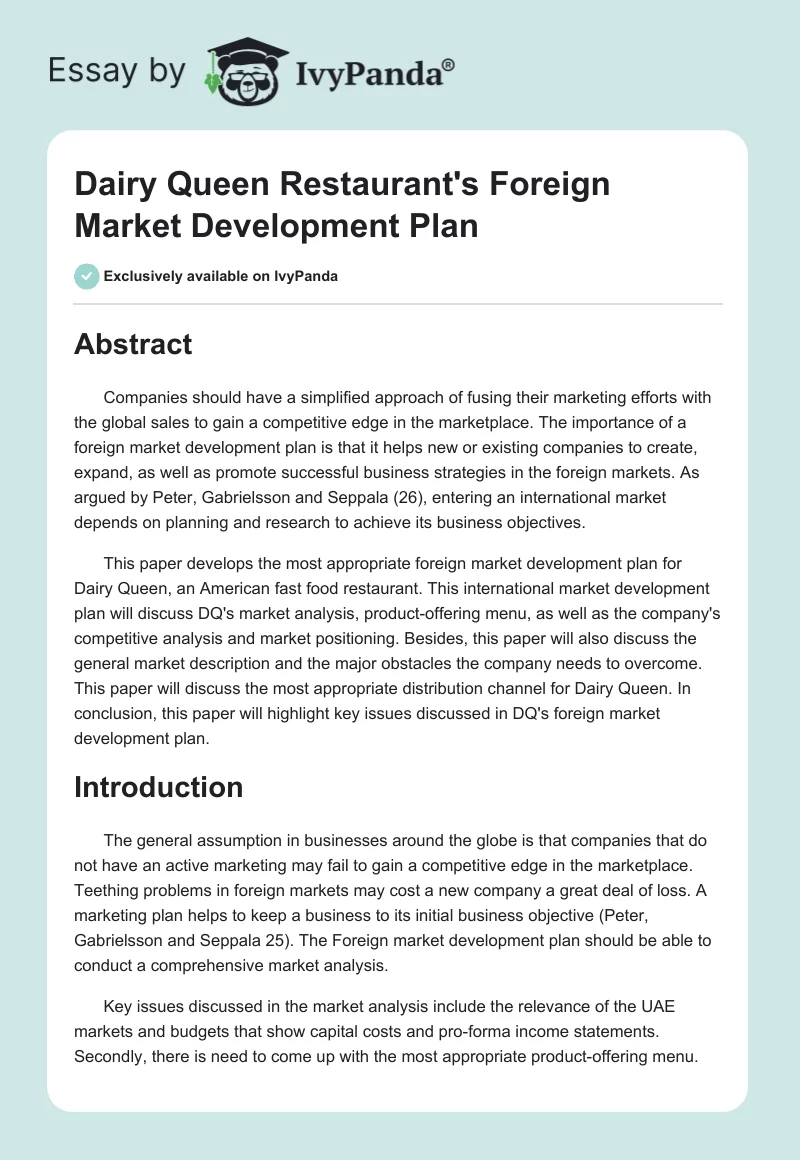 Dairy Queen Restaurant's Foreign Market Development Plan. Page 1