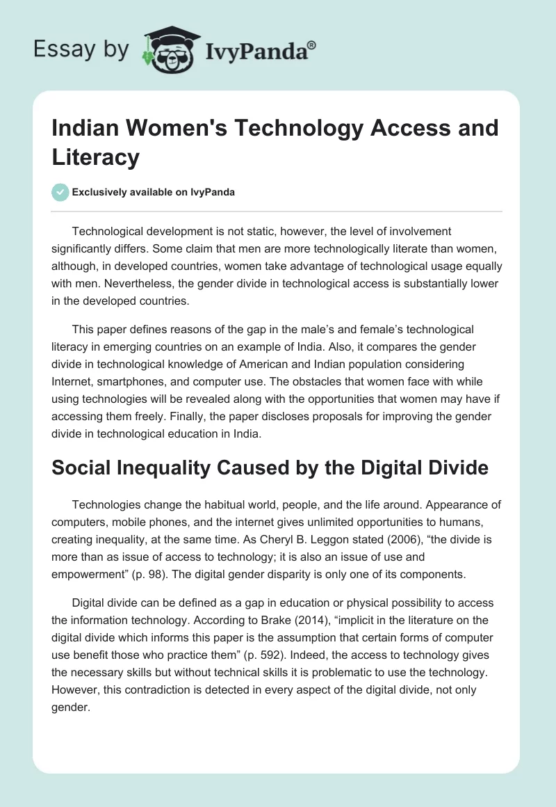 Indian Women's Technology Access and Literacy. Page 1
