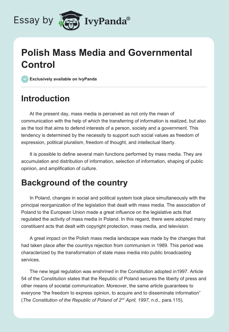 Polish Mass Media and Governmental Control. Page 1