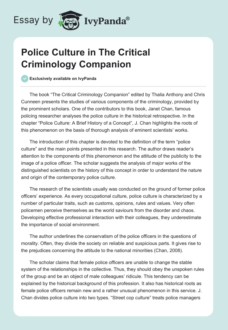 Police Culture in "The Critical Criminology Companion". Page 1