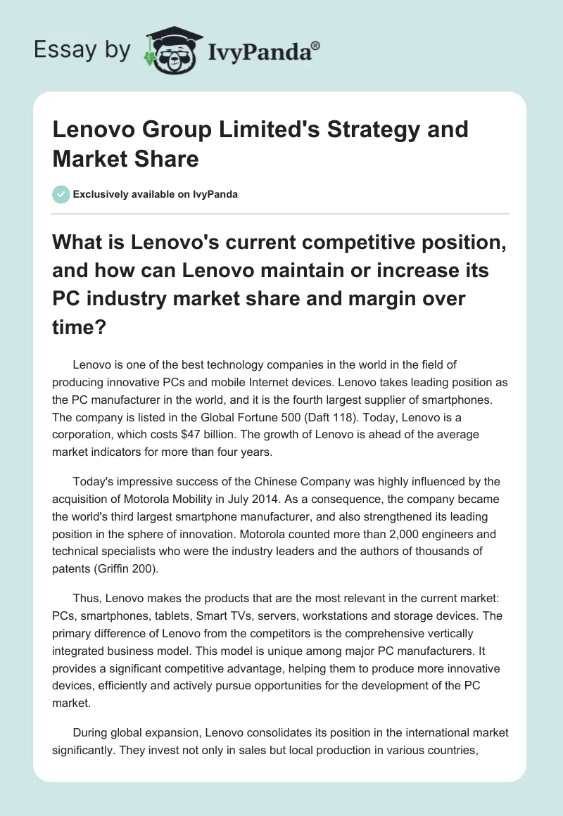 Lenovo Group Limited's Strategy and Market Share. Page 1