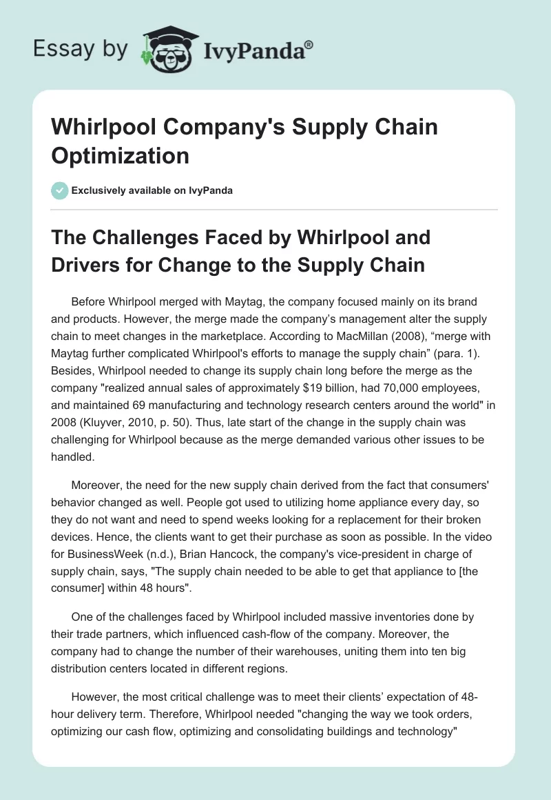 Whirlpool Company's Supply Chain Optimization. Page 1
