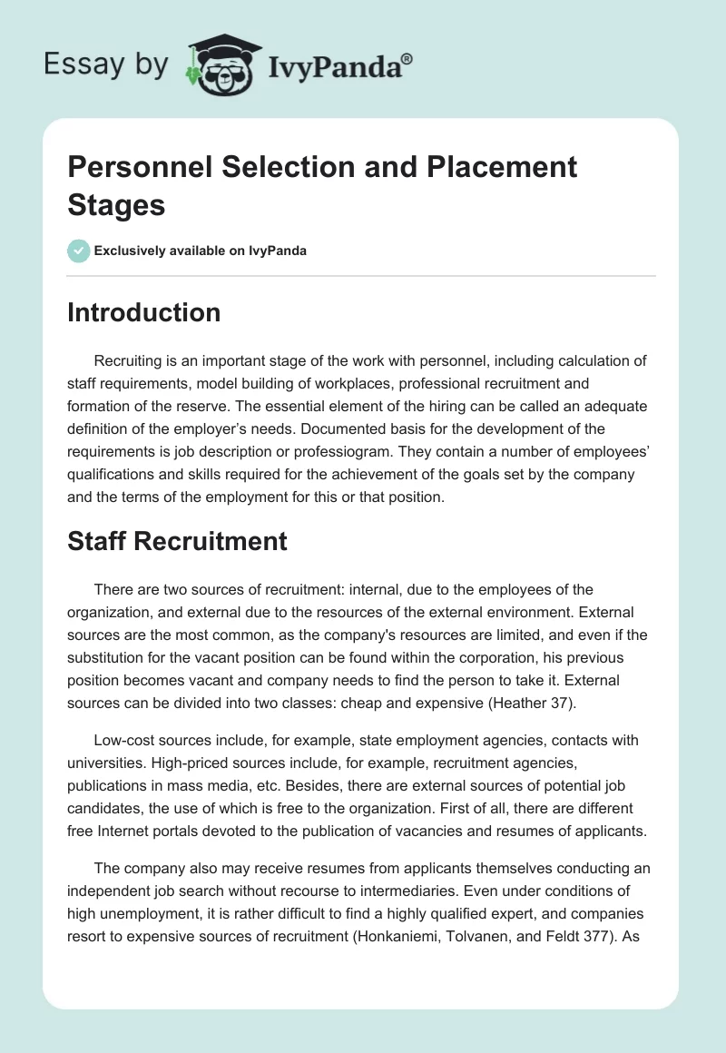 Personnel Selection and Placement Stages. Page 1