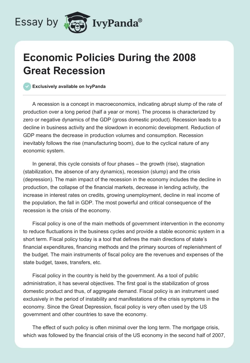 Economic Policies During the 2008 Great Recession. Page 1