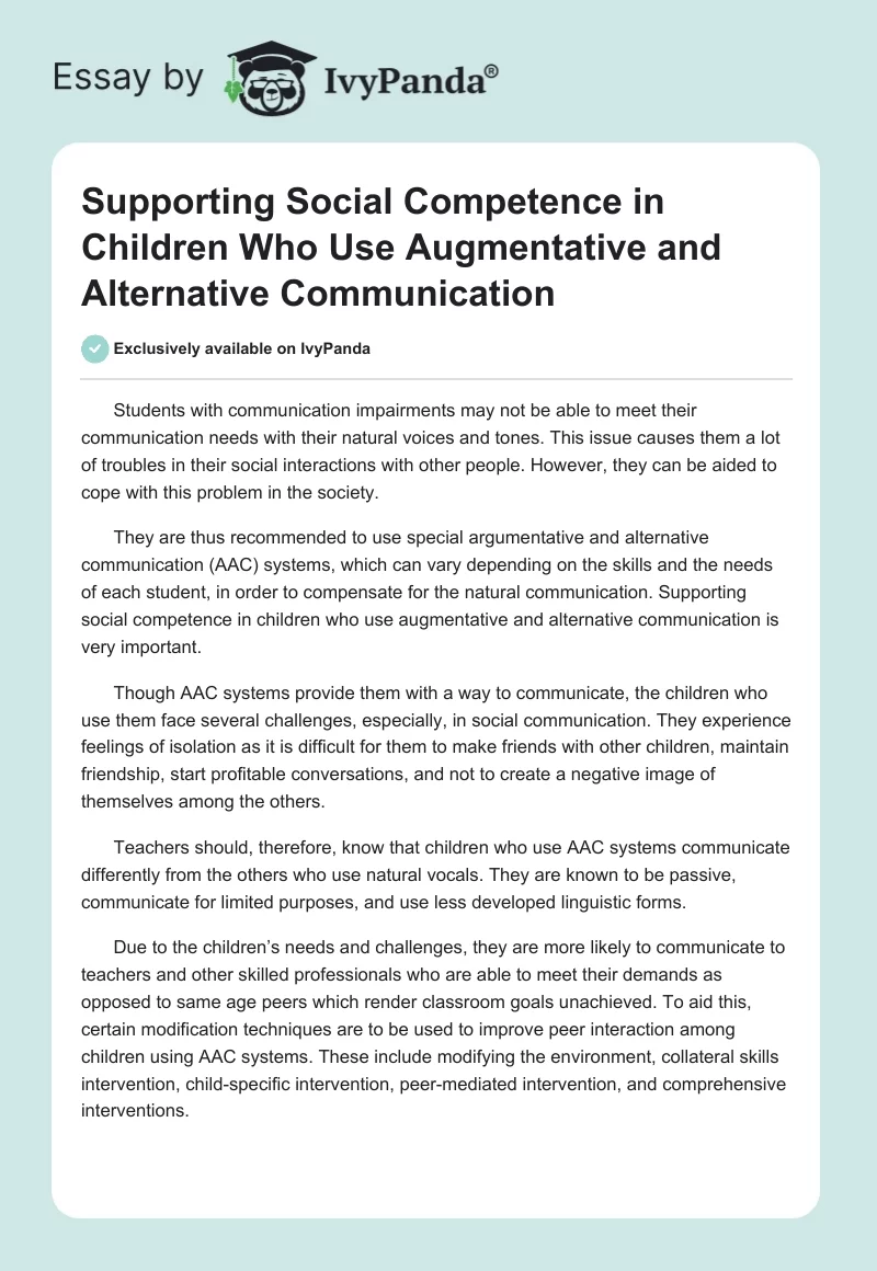 Supporting Social Competence in Children Who Use Augmentative and Alternative Communication. Page 1