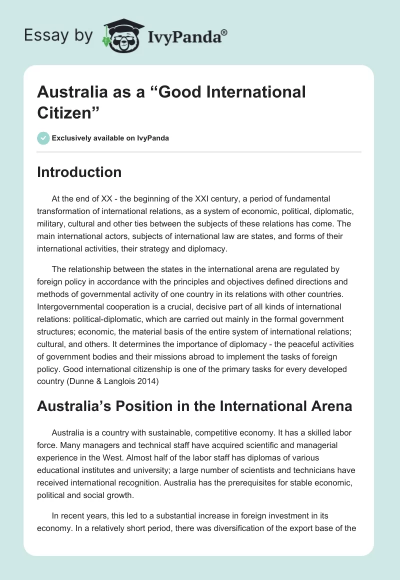 Australia as a “Good International Citizen”. Page 1