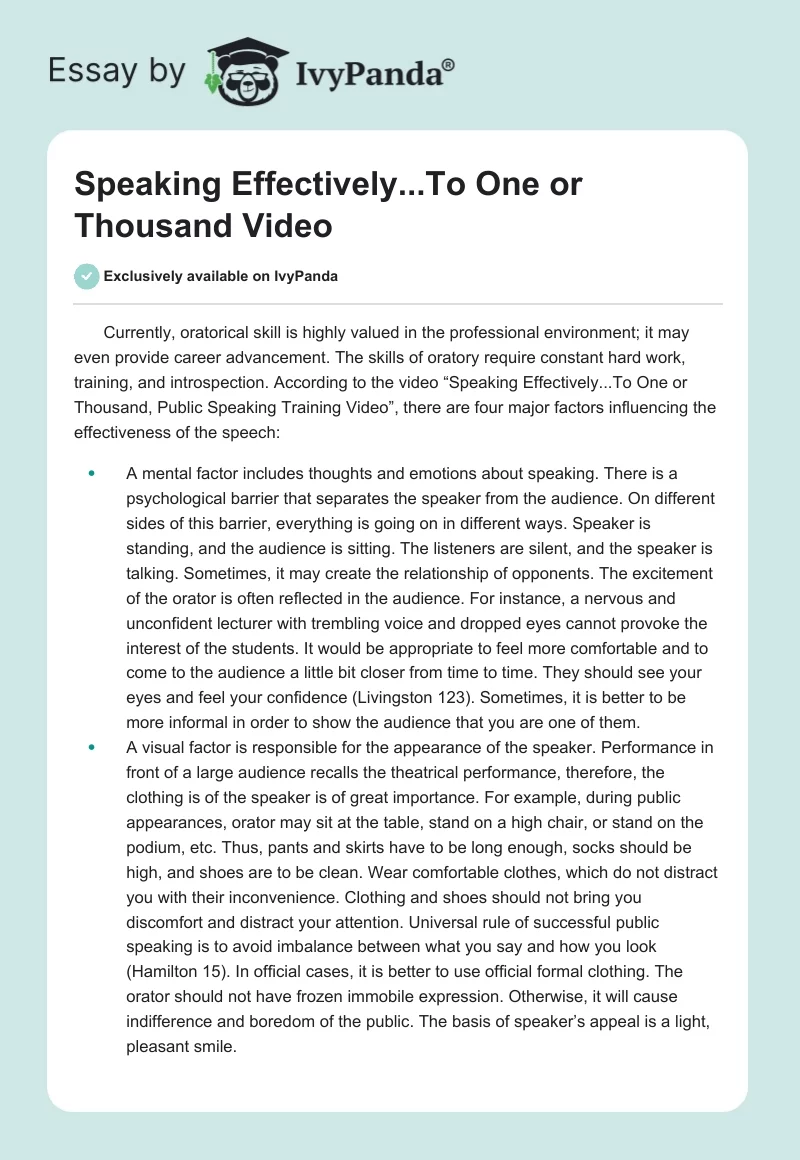 "Speaking Effectively...To One or Thousand" Video. Page 1