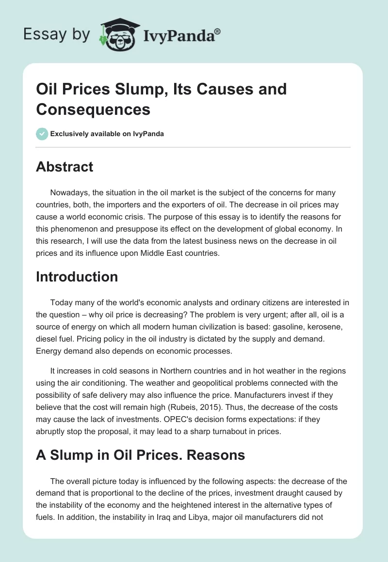 Oil Prices Slump, Its Causes and Consequences. Page 1