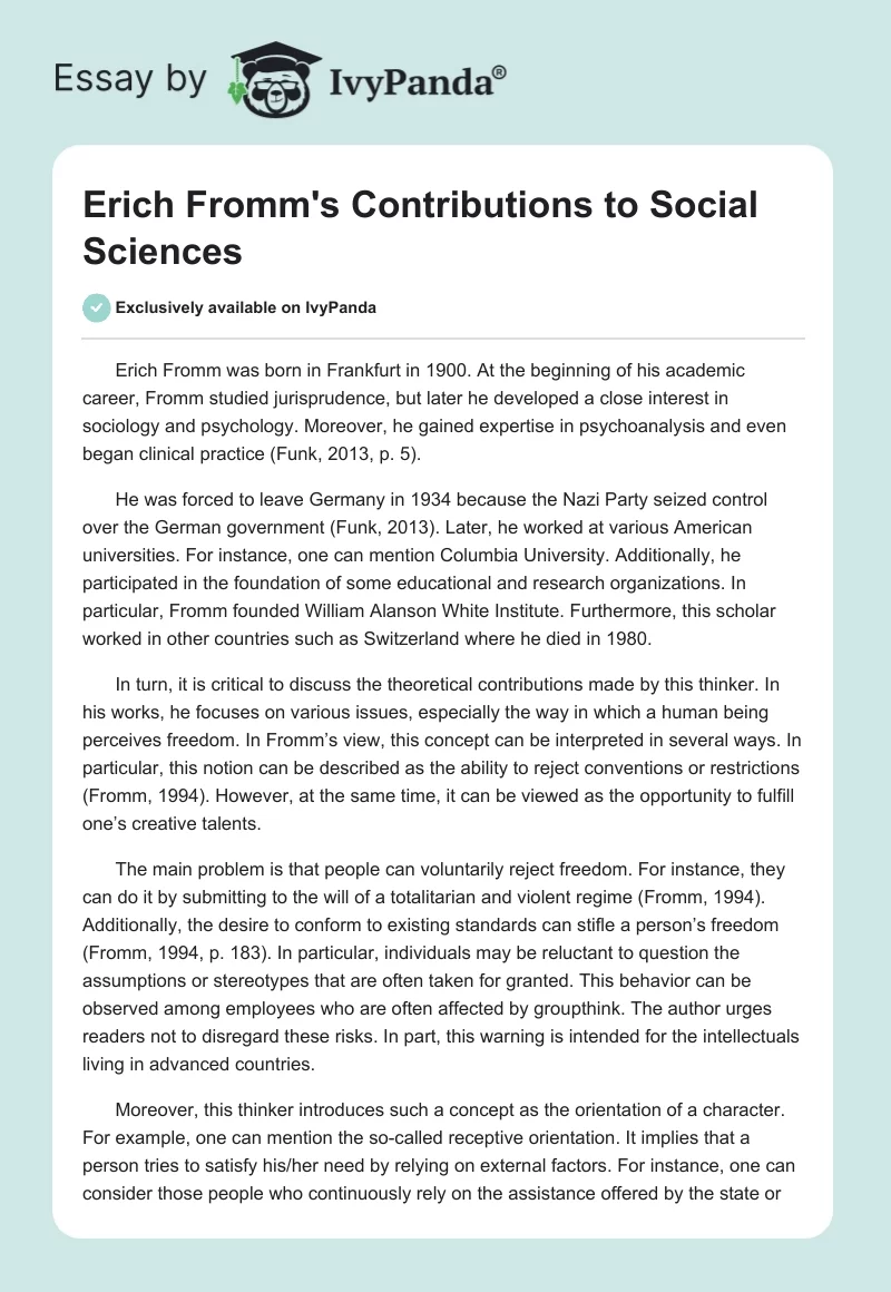 Erich Fromm's Contributions to Social Sciences. Page 1
