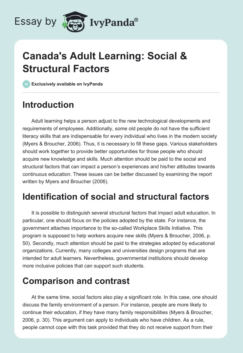 Canada's Adult Learning: Social & Structural Factors. Page 1