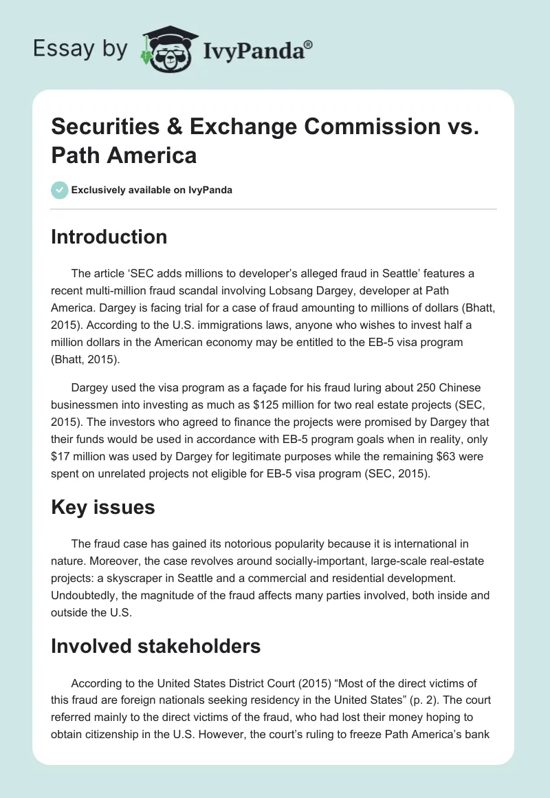 Securities & Exchange Commission vs. Path America. Page 1
