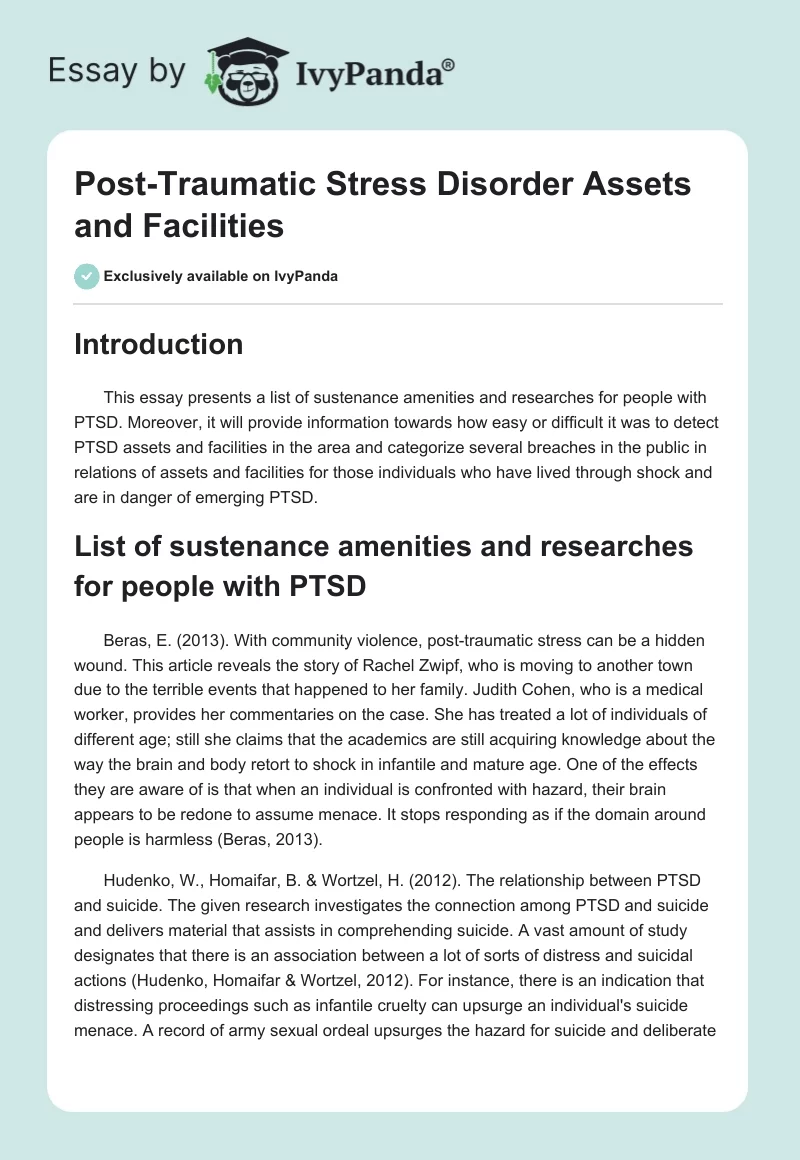 Post-Traumatic Stress Disorder Assets and Facilities. Page 1