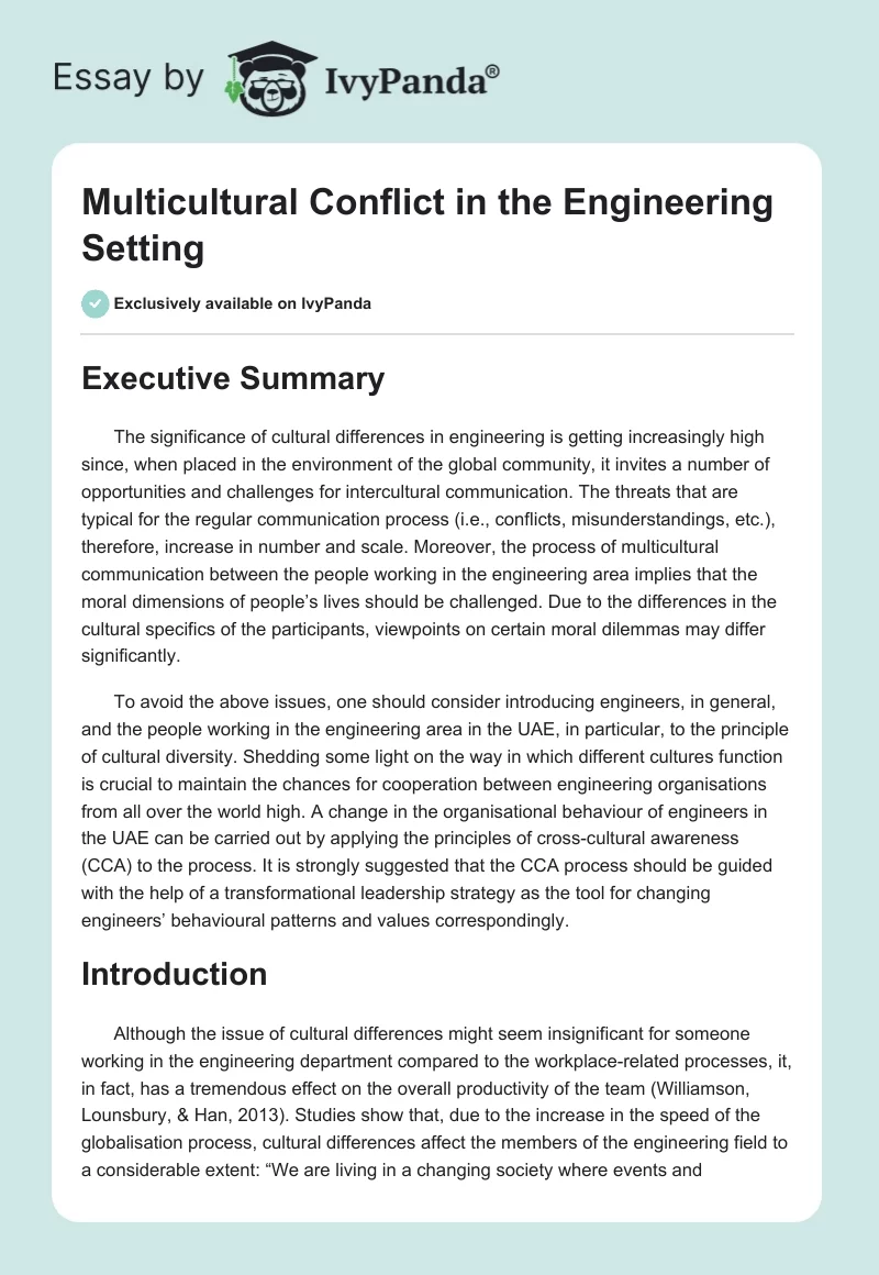 Multicultural Conflict in the Engineering Setting. Page 1