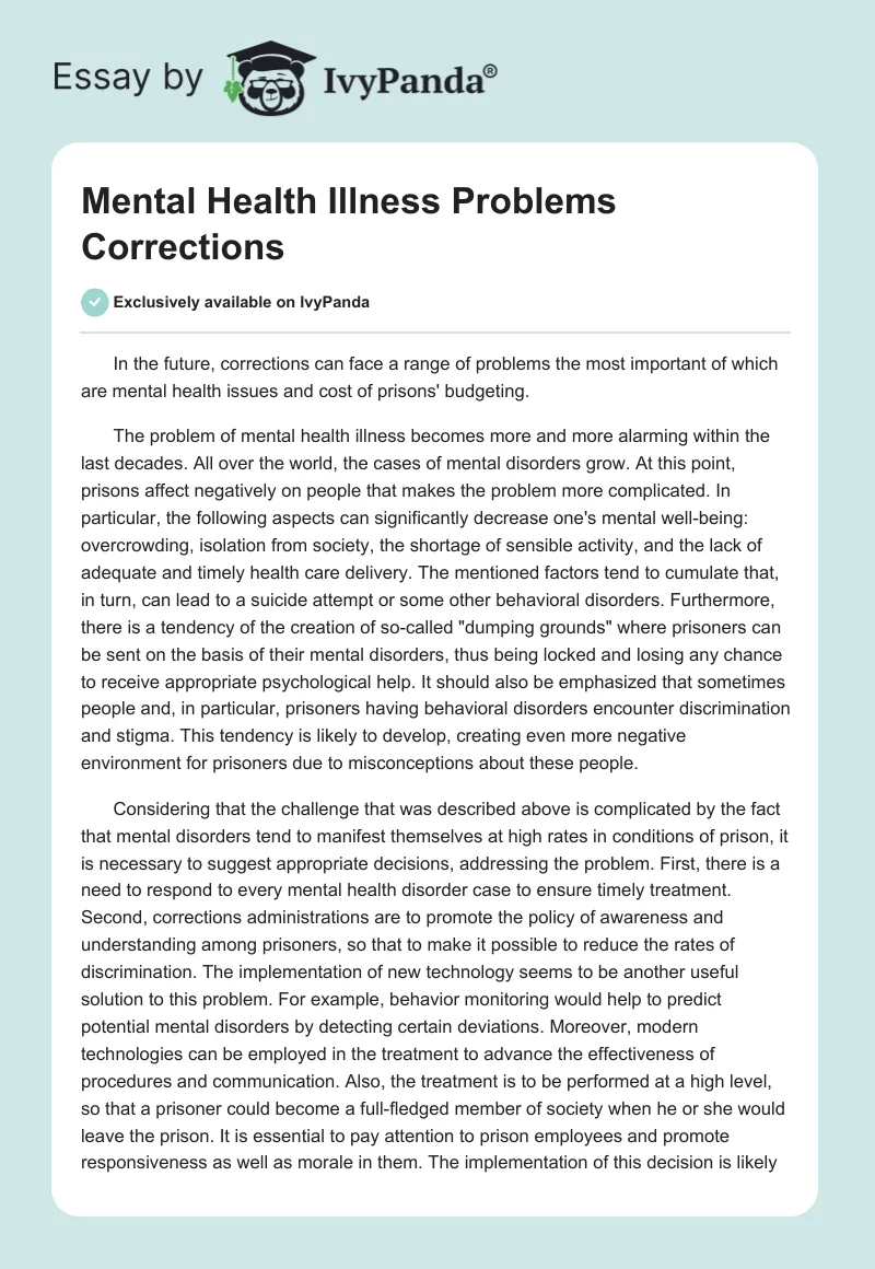Mental Health Illness Problems Corrections. Page 1