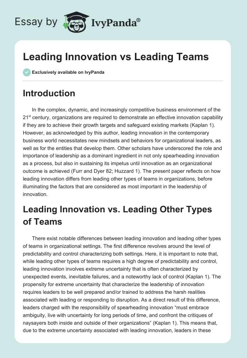 Leading Innovation vs Leading Teams. Page 1