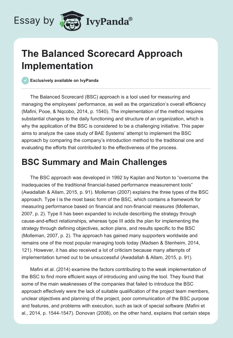 The Balanced Scorecard Approach Implementation. Page 1