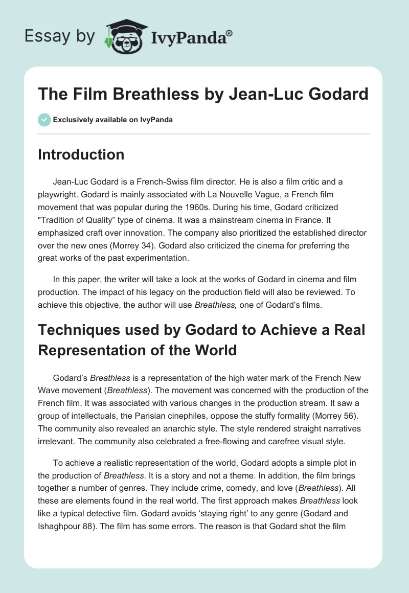 The Film "Breathless" by Jean-Luc Godard. Page 1