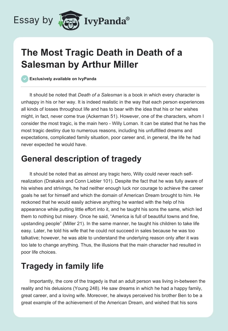 The Most Tragic Death in "Death of a Salesman" by Arthur Miller. Page 1