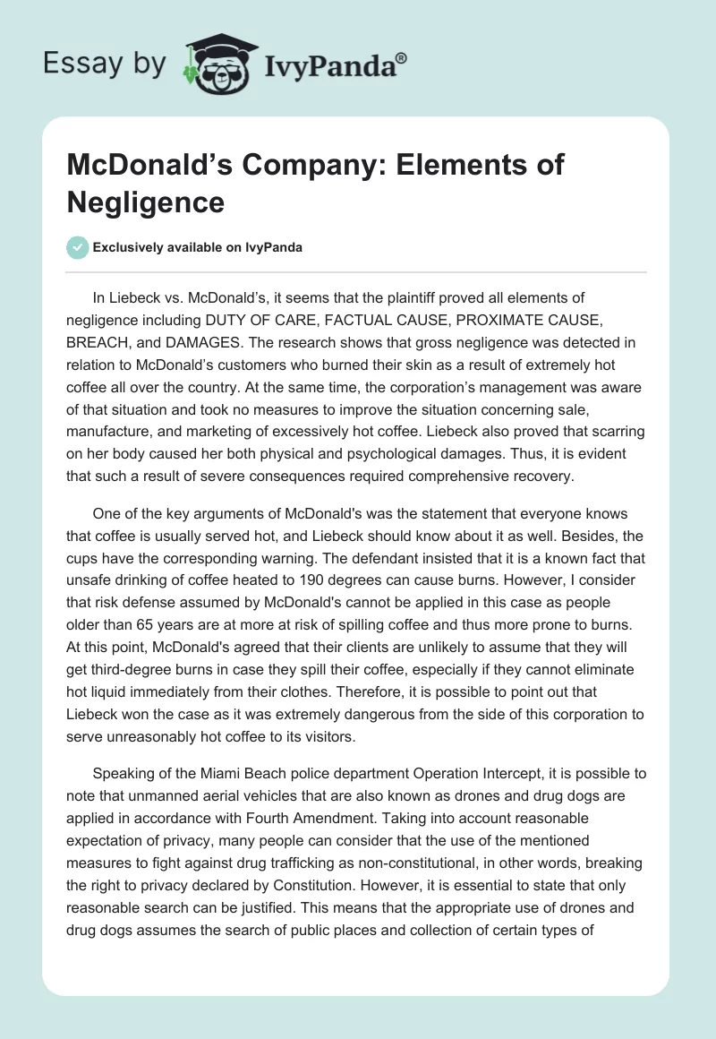 McDonald’s Company: Elements of Negligence. Page 1