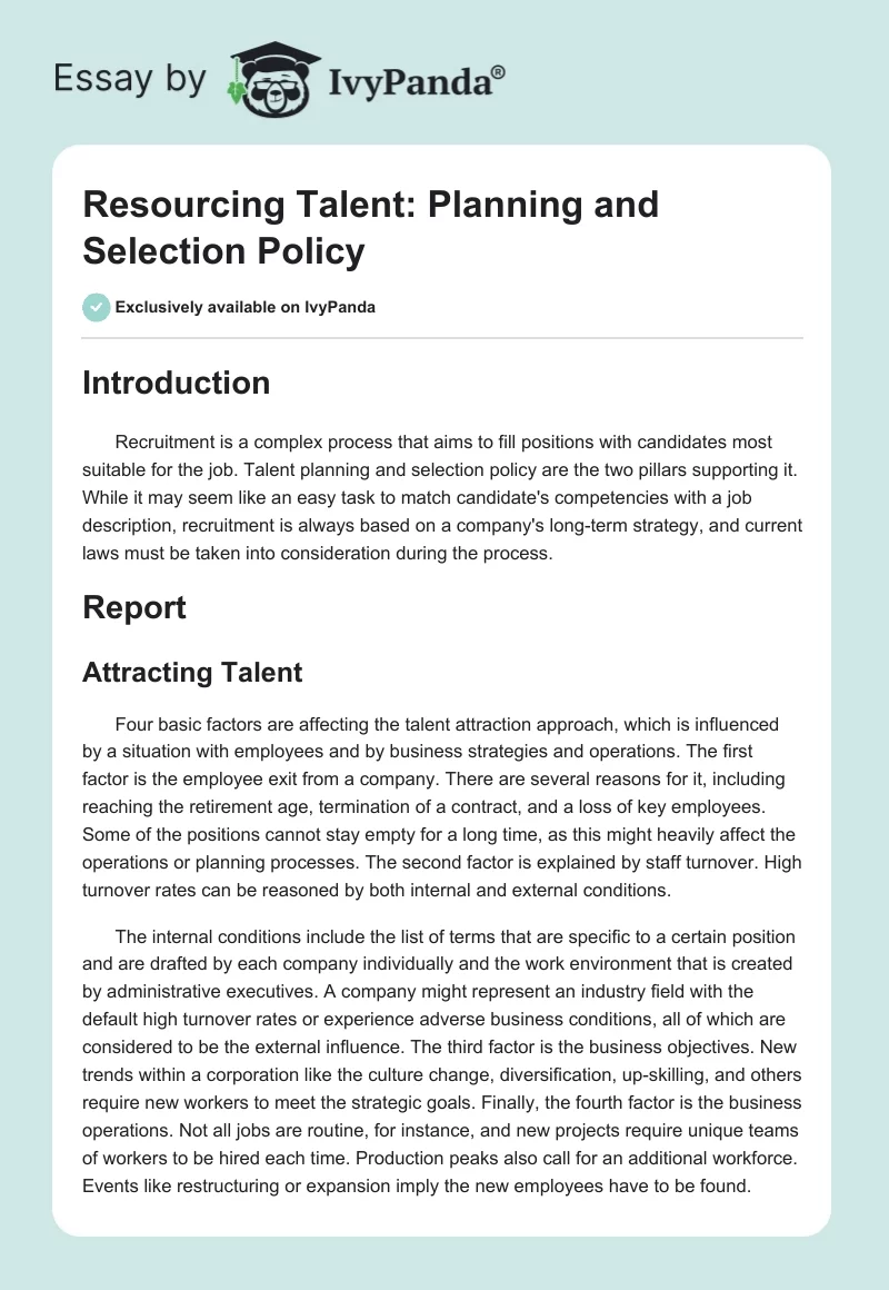 Resourcing Talent: Planning and Selection Policy. Page 1