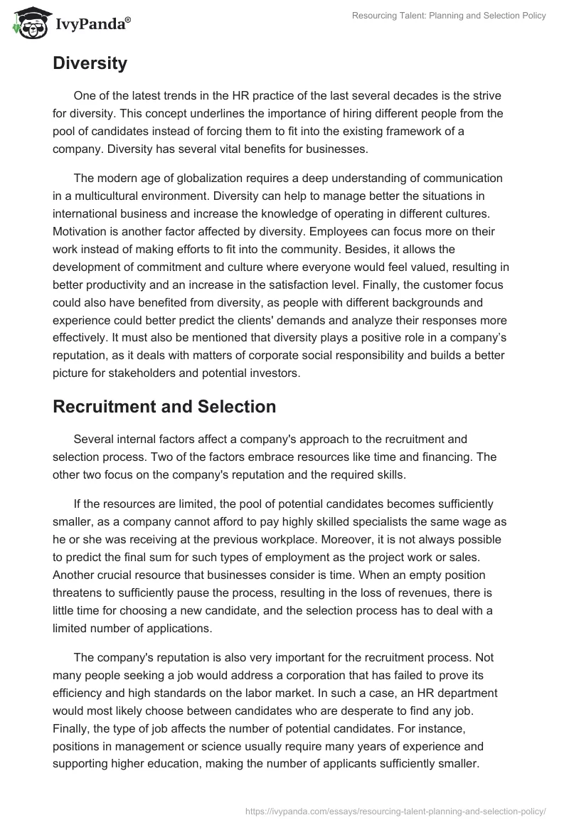 Resourcing Talent: Planning and Selection Policy. Page 2