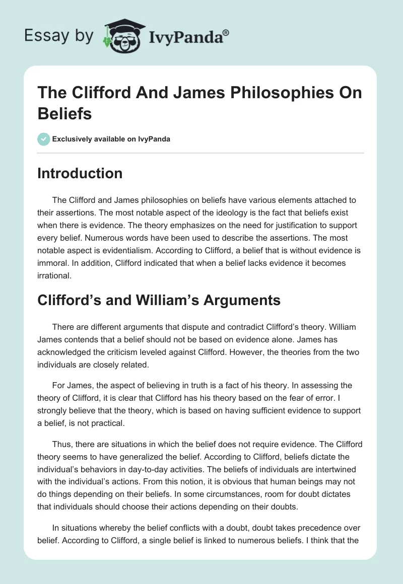 The Clifford And James Philosophies On Beliefs. Page 1